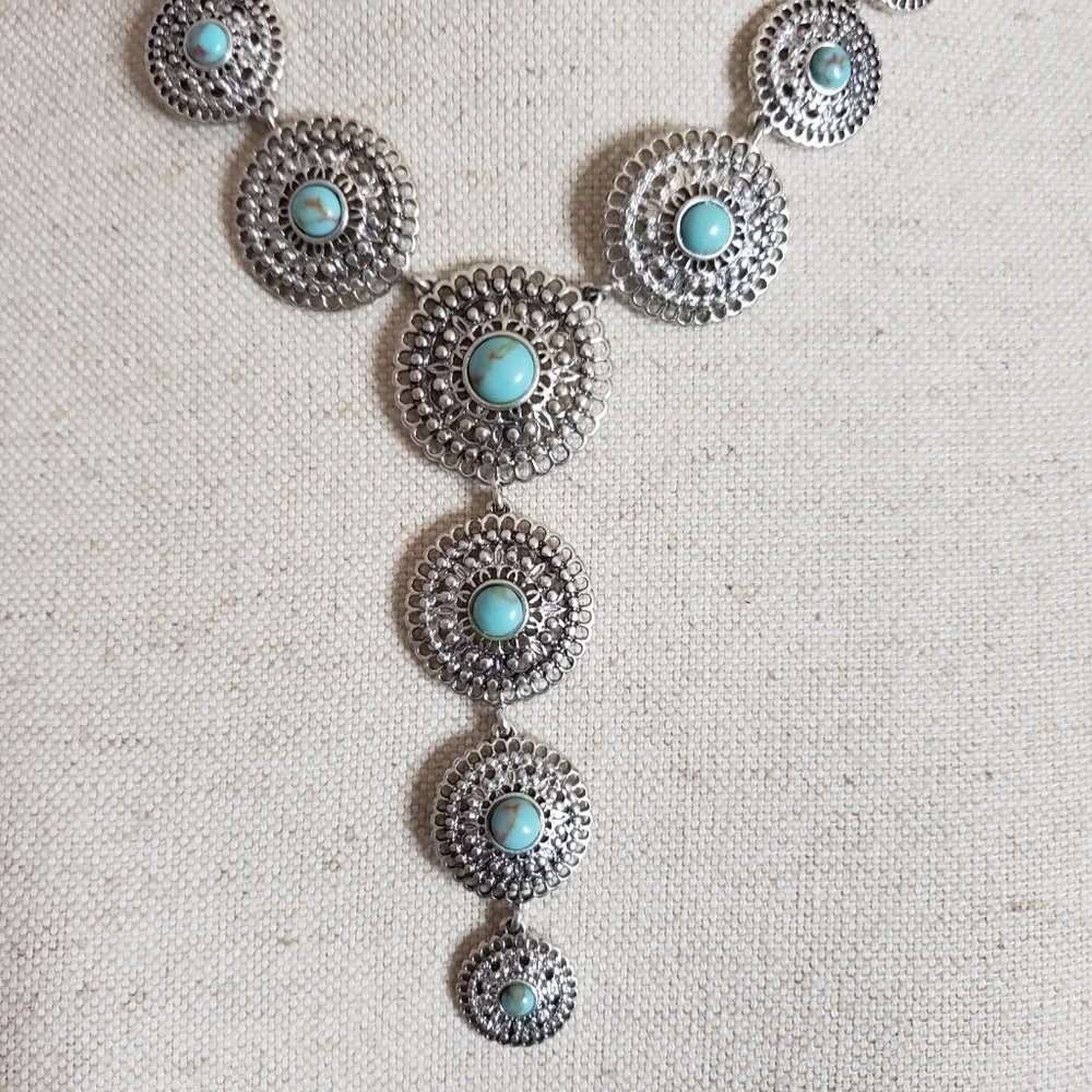 Lucky Brand NWT Faux Turquoise & Silver Drop Necklace - Picture 2 of 5